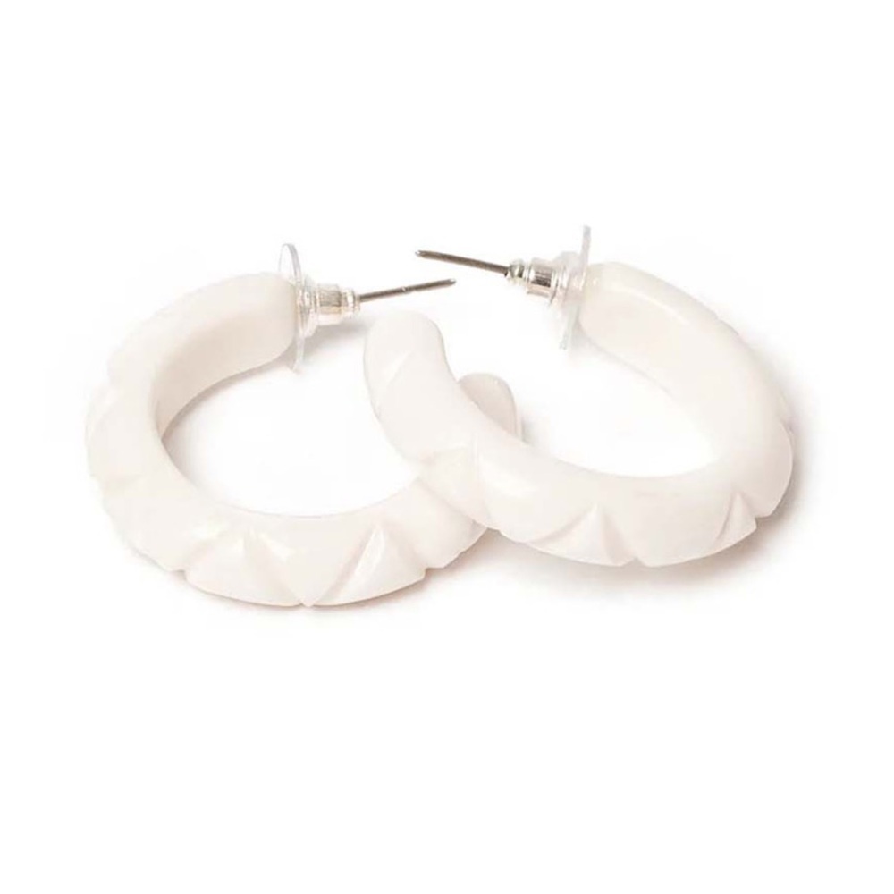 Splendette White Salty Heavy Carved Hoop Earrings